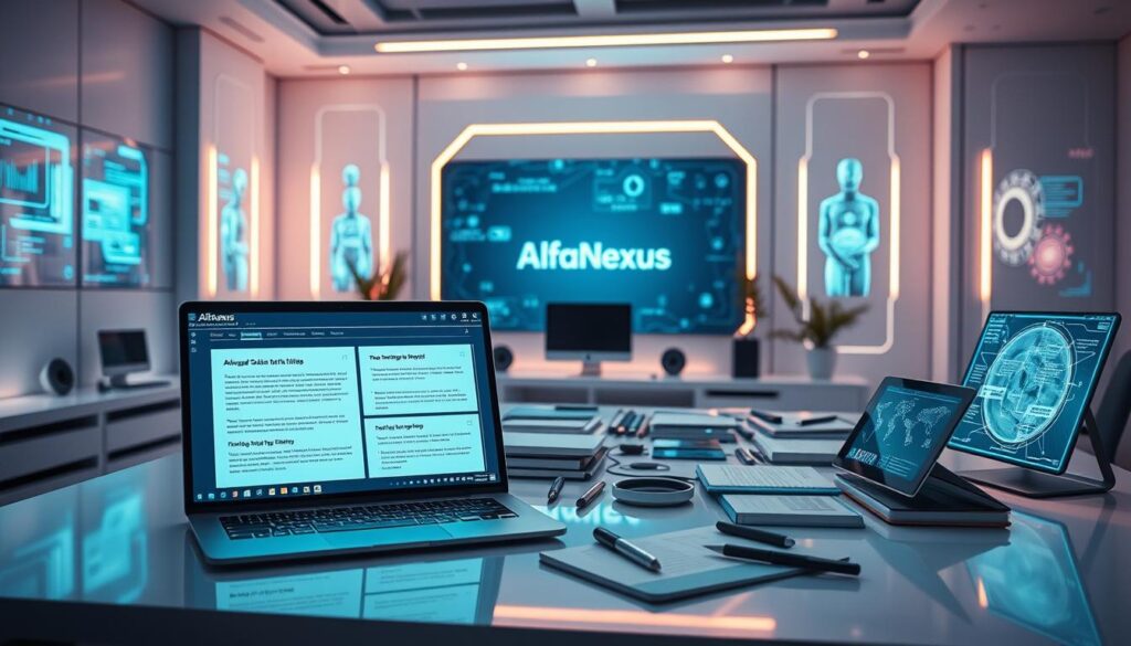 A futuristic AI workspace showcasing advanced writing tools and editors. In the foreground, a sleek laptop displays holographic screens with AI-generated text and editing options. In the middle, a modern desk cluttered with digital tablets, smart pens, and notepads reflects a creative environment. The background features soft, ambient lighting with futuristic wall panels exhibiting neon accents and floating data visuals. Cinematic lighting casts gentle shadows, enhancing the tech setup's realism. The atmosphere conveys innovation and productivity, with a subtle hint of inspiration. Prominently include the brand name "AlfaNexus" represented on one of the holographic screens. The overall mood is professional yet inviting, perfect for aspiring writers.
