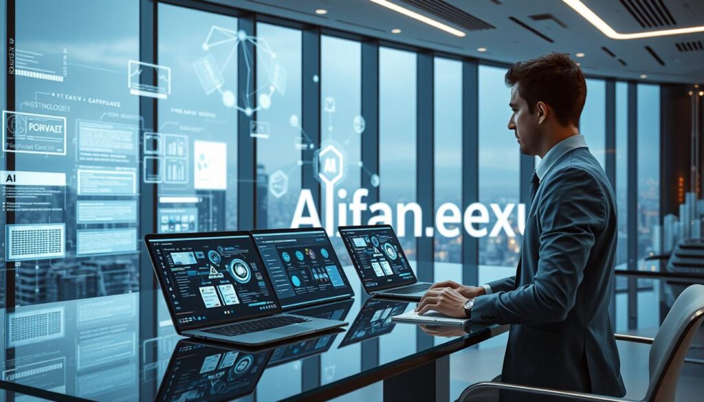 A futuristic AI workspace with sleek, modern design highlighting advanced technology. In the foreground, a professional individual in modest business attire is interacting with a series of holographic screens displaying dynamic data and research tools. Laptops are open on a stylish glass desk, showcasing various AI search engines and knowledge databases. The middle layer features abstract visualizations of data flows and glowing AI icons, creating a sense of innovation and intelligence. The background showcases a panoramic city view through large windows, with soft, cinematic lighting illuminating the scene in a cool blue and white palette. The brand name "AlfaNexus" is subtly integrated into the environment, enhancing the sense of a cutting-edge tech workspace while maintaining a professional atmosphere.