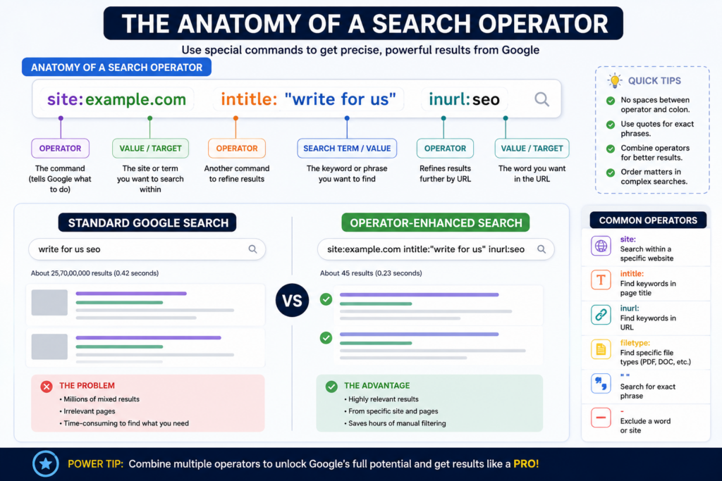 Google Search Operators infographic showing the anatomy of a search operator with labeled components, operator syntax, and a comparison between a standard Google search and an operator-enhanced search for more precise SEO results.