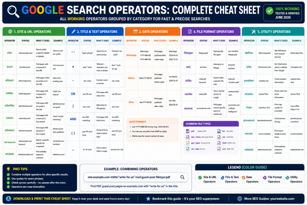 Google Search Operators comparison cheat sheet grouping working search operators by category, including Site & URL, Title & Text, Date, File Format, and Utility operators with syntax, examples, and SEO use cases.